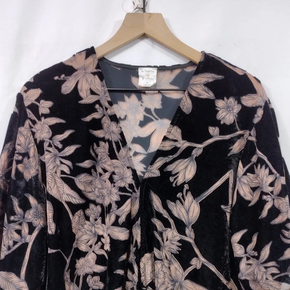 By Together Floral Front Tie Top Women's S Black Cream Cottagecore Retro 90s Y2K - Picture 3 of 9